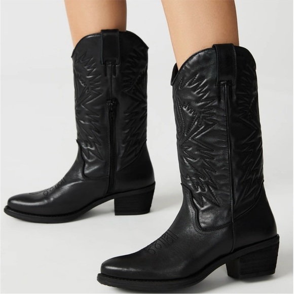 Steve Madden HAYWARD BLACK LEATHER boots Western Cowboy Boots Cowgirl Sz 6.5 - Picture 2 of 12